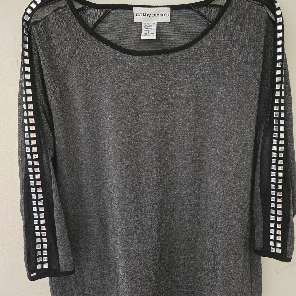 Cathy Daniels Gray Long Sleeve Top with Studded Sleeves